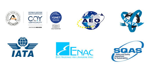ITALSEMPIONE parent-company credential marks, including ISO, AEO, FIATA, IATA, ENAC and SQAS